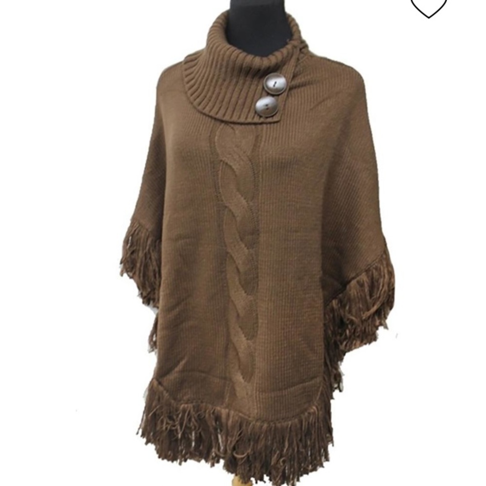 COPY - Poncho Cowl Neck Buttons Fringes Chocolate/BrownColor One Size